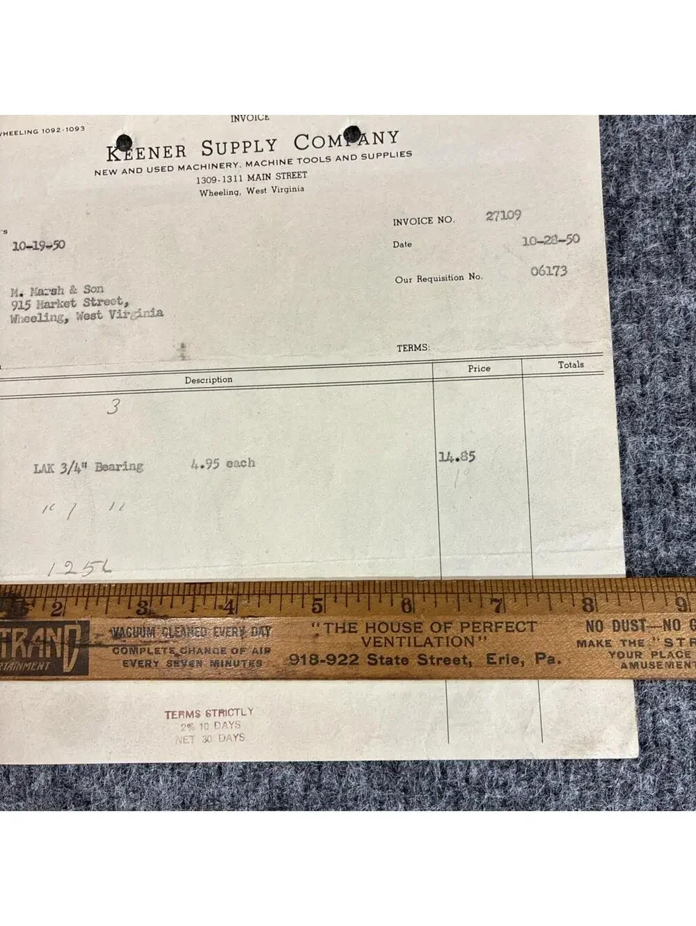 1950 Keener Supply Co Wheeling WV Invoice to M Marsh Cigar Co Bearing Purchase